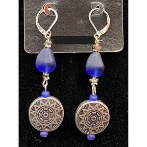 Handmade Sun Disc & Stars with Blue Glass Bead Earrings by Neanie-Bot